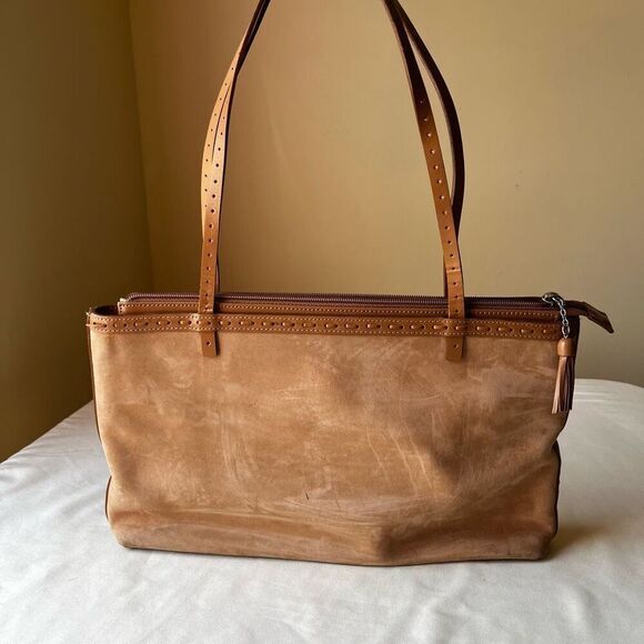 Ann Taylor Suede Leather‎ Handbag Tan Brown Casual Western Boho Shoulder Tote - Picture 1 of 10